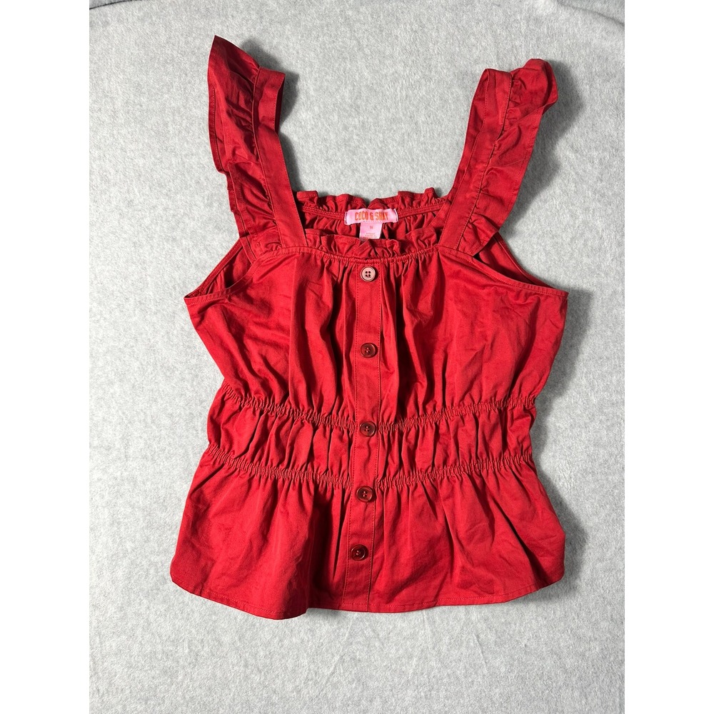 Coco & Shay Red Cotton Ruffle Peplum Tank Top Button Front Smocked Waist 1X